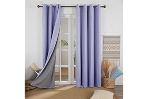 Deconovo Faux Linen Full Blackout Curtains Energy Saving 100% Blackout Curtains Bedroom Theraml Insulated Curtains for Livingroom with Coating Back Layer 46 x 54 Inch Light Purple 1 Pair