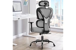 KERDOM Silla de oficina ergonómica, con reposacabezas ajustable, reposabrazos, soporte lumbar, contra el dolor de espalda, silla de oficina, 150 kg/330 kg, resistente 9070 F, gris