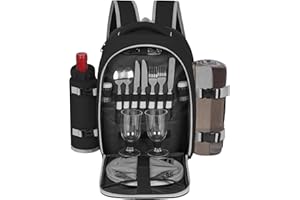 FREEAMG Picnic Backpack for 2 Person with 2 Insulated Leakproof Cooler Compartments, Large Picnic Bag with Cutlery Sets and Blanket, Picnic Basket Backpack for Camping, Hiking, BBQs (Black)