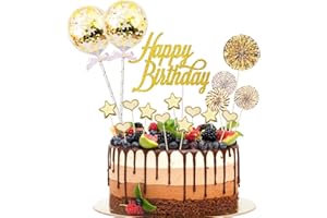 BillyBath 17 PCS Happy Birthday Decoration Gateau Or Gold,Decoration Cake Topper Ballon Étoiles Topper avec Boule de Décoration pour Fête de D'anniversaire Fille