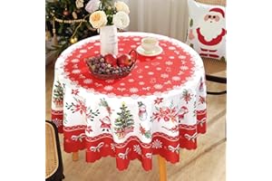 iEvery Round Christmas Tablecloth Wipe Clean Table Cloth 150cm, Polyester Water Resistant Circular Festive Table Cover for Home Banquet Xmas New Year Party Decoration