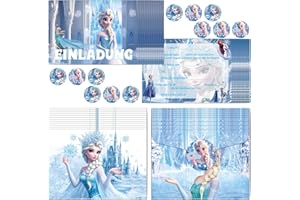 COQOYO Einladungskarten Kindergeburtstag Mädchen, 12pcs Deutsche Geburtstag Einladungen, Partyeinladungen mit Bunte Umschläge und Runde Aufkleber, Cartoon Eiskönigin Eisa Prinzessin Einladung Set