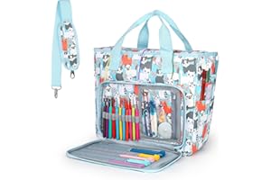 Katech Sac Rangement Fils Textiles, Grand Sac à Tricoter pour Ranger Pelotes de Laine/Aiguilles à Tricoter/Crochet Ergonomique/Accessoires de Crochet Tricot, Sac Tricot en Polyester, Bleu Chat