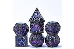 Cusdie Metal Dice Set, 7 Pcs DND Metal Dice, Dragon Scale Polyhedral Dice Set, for Role Playing Game D&D Dice (Black with Purple Blue Glitters)