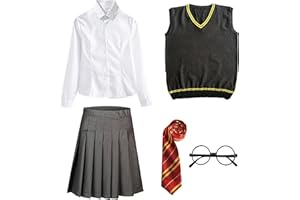 FStory&Winyee Zauberer Set Bluse Rock Weste Krawatte Brille Kostüm Zubehör für Kinder Erwachsene Zubehör Set Striped Tie Gestreifte Krawatte zum Karneval Fasching Halloween,2 Weiblich-rot,135