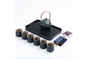 ‎TEANAGOO TEANAGOO Kompletny japoński zestaw do herbaty z tacą, grafitowy, porcelanowy zestaw do herbaty, 1 czajniczek (700 ml) + 6 filiżanek do herbaty (205 ml), U1, taca do herbaty z rurką drenażową,