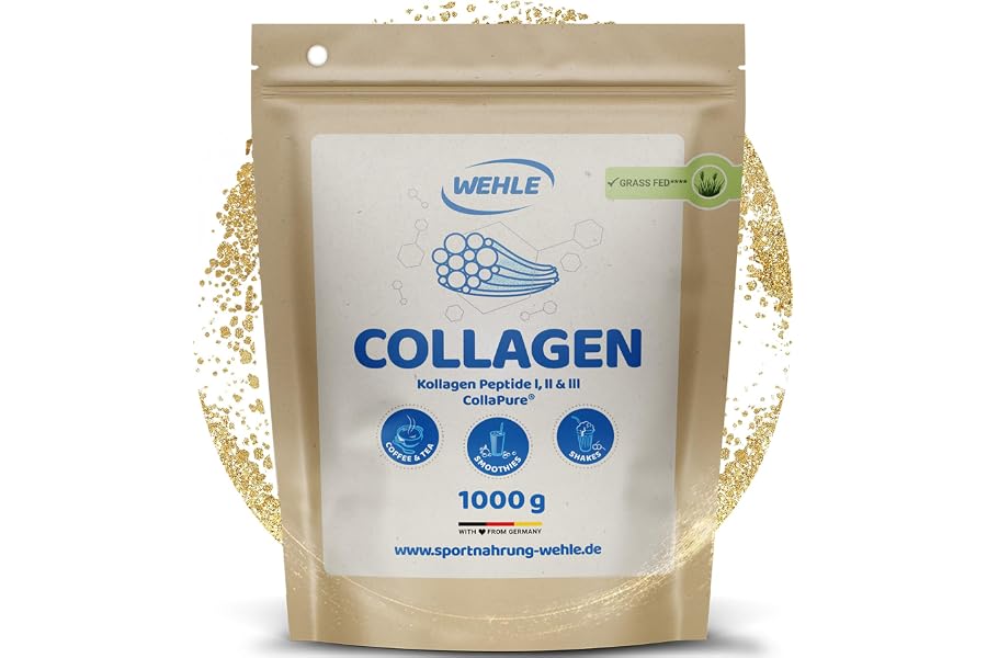 Produktabbildung zu Wehle Collagen Pulver – 1000g Peptide Typ 1, 2 & 3, Kollagen Hydrolysat | Collapure® Markenrohstoff, Geschmacksneutral – produziert in Deutschland, laborgeprüft