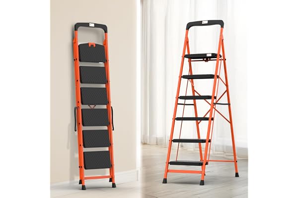 BonKaso Climb Easy 6 Step Heavy Duty Foldable Steel Kitchen Ladder for Home, Office & Outdoor Use with Anti-Slip Wide Durable