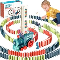 Ensemble de 80 Pcs de Train Domino Automatique, Ensemble de Blocs de Train Dominos Électriques avec Lumière, Son et Fonction Vapeur, Jouet Train de Pose de Briques Domino, Jeu Éducatif pour Enfants