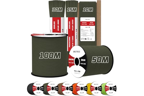 Brotree 4mm Paracorde 550 7 Brins Corde en Nylon 50M Type III Corde Parachute pour Survie, Extérieur, Bricolage - 250kg Charge de Rupture (Armée Verte)