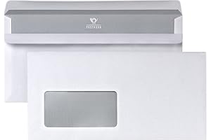 POSTHORN MADE BY BONG POSTHORN Koperta DIN długa (100 sztuk), samoprzylepna koperta z okienkiem, białe koperty z szarym nadrukiem wewnętrznym do ochrony przed wzrokiem, 110 x 220 mm, 75 g/m²