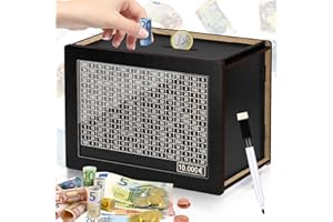 ‎KKLUNO Kkluno Money Box 10,000 Euro, Money Box with Counter, Wooden Money Box, Reusable Money Box with Numbers Checks, Suitable for Children and Adults (Black)