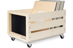 Navaris Wooden Record Crate with Wheels - Vinyl Album Storage Holder Box Wood Case with Chalkboard Sign Board - Holds up to 80 LP Records - Natural
