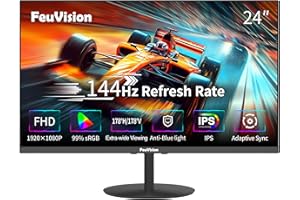 FeuVision 24inch Computer Monitor, FHD 1080p, 144Hz, IPS, Office and Gaming Monitor, 4ms Response Time, 3-Sided Frameless, Ultra Slim, VESA Mountable, Anti-Blue Light Design, HDMI, DP