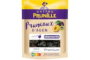 MAÎTRE PRUNILLE - Pruneaux d’Agen Premium Dénoyautés - Calibre 28/33 - Riche En Fibres Et Potassium - Facilite La Digestion - Sans Conservateur - Nutri-Score A - Label IGP - Sachet 250 g