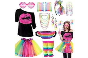 GLIROP 80s Fancy Dress Accessories for Women, Including T-Shirt Tutu Skirt Bumbag Leg Warmers Gloves Glasses Headband Earrings Necklace Bracelets 1980s Costume Outfits for Ladies Girls Hen Party