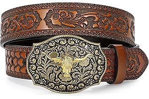 WERFORU Ceinture Cowboy en Cuir pour Hommes - Ceinture Western Homme Avec Boucle Taureau et Gravure Florale pour Jeans
