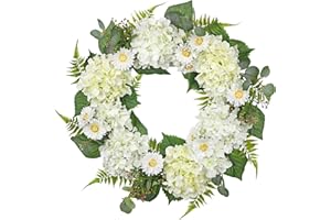 Oairse 24 Inch Spring Wreath for Front Door Artificial Floral Door Wreath with Lifelike Hydrangea Daisy Fern All-Season Decorative Wreaths for Home Indoor Outdoor Wall Porch Farmhouse Decor