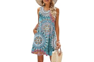 BDTECAOR Sommerkleider Damen Ärmellos Blumen T-Shirt Strandkleid Leichte Lässige Taschen Boho Tank Kleid