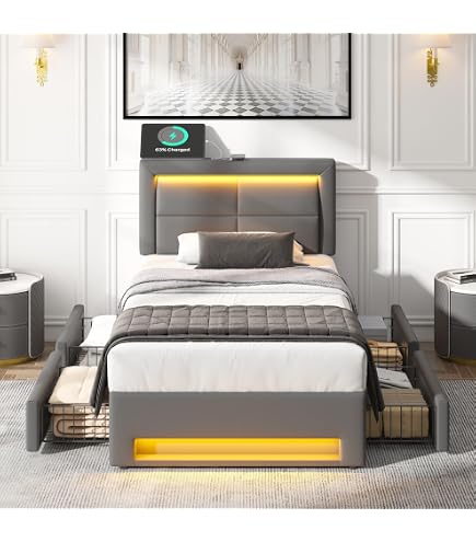 Lit Coffre Seyakany 140x190 Avec USB, Chargement Sans Fil Et LED - Sommier Inclus, Rangement Intégré, Noir
