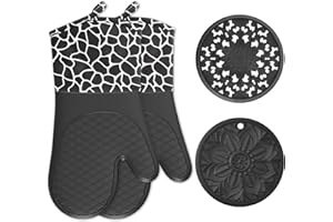 BAIWANT Guantes Horno Cocina, Juego de 1 Manoplas Horno Silicona y 2 Agarraderas, Manopla Resistente al Calor, Guantes Horno Profesional Grueso y Seguro para Cocinar y Hornear en la Cocina (Negro)