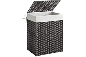 ‎SONGMICS SONGMICS Kosz na pranie ręcznie pleciony, 90 l, kosz na pranie z syntetycznego rattanu, z pokrywą i uchwytami, składany, wyjmowany worek na pranie, czarny LCB51BK