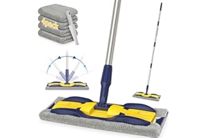 MEXERRIS Microfiber Mops for Hardwood, Laminate, Tile Floor Cleaning, Stainless Steel Handle - 4 Reusable Flat Mop Refills and 1 Dirt Removal Scrubber Included - Dry Dust Mop Commercial Home Use
