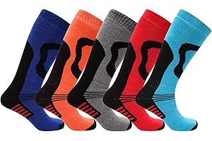 SOXY 5 Pairs Boys/Girls High Performance Thermal Ski Socks - Multicoloured - UK Shoe Sizes 9-12, 12-3 & 4-6