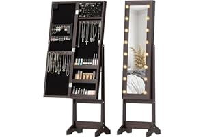 HOMCOM Freestanding Mirror Jewelry Cabinet with LED Lights, Jewellery Organiser with 3 Angle Adjustable, Full-Length Mirror with Storage for Earrings, Necklaces, Rings and Lipsticks, Dark Brown