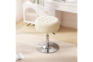 Furniliving Mid-Century Vanity Chair Tufted Adjustable Swivel Makeup Ottoman Stool Modern Big Size Round Vanity Stool Makeup Chair for Bedroom Living Room (IvoryWhite)