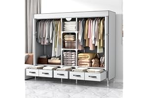 Anmas Power Armoire en tissu pour chambre à coucher - Avec tiroirs - Pliable - Avec 2 tringles - 185 x 45 x 170 cm - Blanc (gris-blanc)