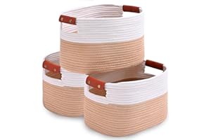 GYBOOM Woven Cotton Rope Storage Basket,Decorative Woven Basket,Decorative Baskets with Detachable Leather Handles for Closet Storage,Woven Baskets For Toy,Blanket, Book Storage(3 pack, White/Yellow)