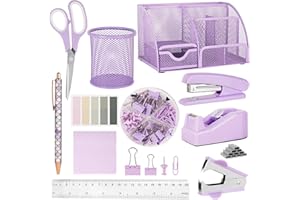 OFFCUP Büroartikel Set, Schreibtisch Set, Schreibtischzubehör mit Schreibtisch Organizer Entklammerer Heftklammern Heftklammerentferner Tesafilm Abroller Schere Clip Haftnotizen Kugelschreiber -Lila