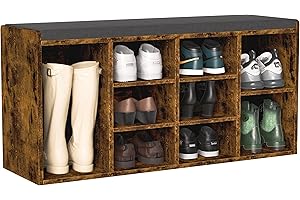 Blisswood Shoe Storage Bench, Hallway Bench with 9 Open Storage Compartments, Adjustable Shelves, Wooden Shoe Rack Organiser & Padded Seat, Multi-Purpose Shoe Cabinet for Entryway Living Room (Rustic)