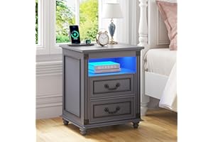 ‎FREDEES FREDEES Nachttisch mit Steckdose, LED Nachttisch mit Ladefunktion, Beistelltische mit 2 Schublade Holz Nachtkommode für Schlafzimmer/Wohnzimmer Grau