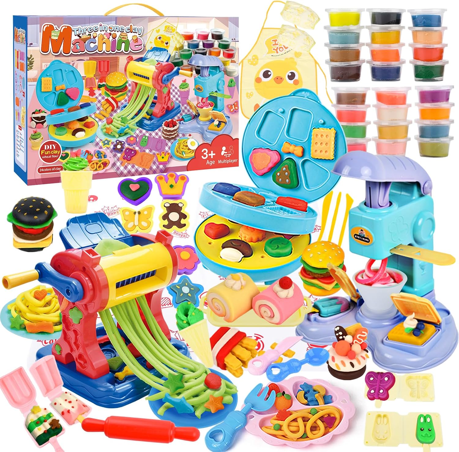 TOSUTO Juego de Plastilina Creativo - Máquina Pasta, Helados y Hamburguesas (24 Botes Plastilina) - Set de Herramientas para Modelado con 12 Botes de Plastilina - Regalo para Niños a Partir de 3 Años