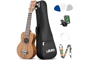 LEKATO Sopran Ukulele aus Sapeli 21 Zoll Anfänger-Set mit Gigbag/Stimmgerät/Gurt/Picks/Saiten - Hawaii 4-saitige Soprano-Ukulele für Anfänger Echtes Holz Uke Geschenk (Dunkelbraun, 21 Zoll)