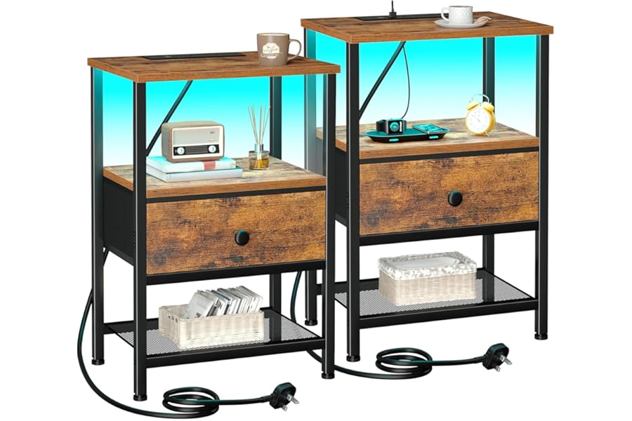 AMHANCIBLE Bedside Table Set of 2 with Charging Station, Small Side Table with LED Lights, Nightstand with Fabric Drawer and Open Storage Shelf, Bedside Cabinets for Living Room, Bedroom Rustic Brown