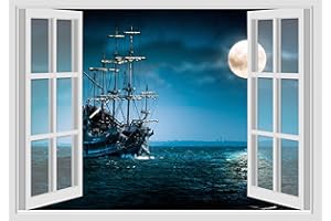 GAMESMONKEY Adesivi Murali Finestra - Paesaggi Vari Mare e Oceano - WALL STICKERS 3D parete muro (70x100 cm, Mare Notte Barca - N016)