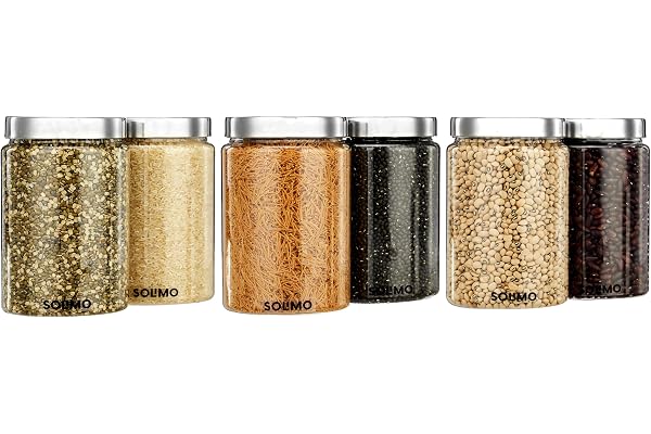 Amazon Brand - Solimo Plastic Storage Jar & Containers With Steel Cap Jar Air Tight & BPA Free Food-Grade Container Kitchen Container Set Multipurpose Jar 1400 ML Set 6 Steel Lid
