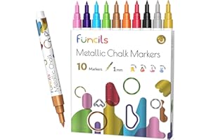 Funcils Metallic Liquid Chalk Markers for Chalkboard Signs, Blackboard, Window, Labels, Bistro, Glass, Car (10 Pack, 1mm) - Wet Wipe Erasable Ink Chalk Board Markers, Extra Fine Tip Liquid Chalk Pens
