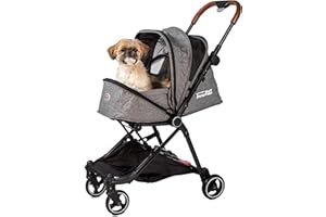 InnoPet City Pet Buggy Grey - Compact Dog & Cat Stroller for Travel, One-Hand Fold, Pet Carrier for Small Dogs and Cats up to 11kg, Faux Leather Push Bar, Four Wheels, Lightweight Dog Buggy