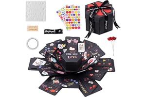 int!rend Geschenkbox Überraschungsbox - DIY Explosionsbox Inkl. 5 Fotokarten & 9 Vorlagen + 5 Schablonen + 3 Markern + Stickern & Schleife - Fotobox Geschenk zum Geburtstag