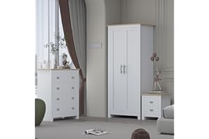 AFN HOME AFN Ossotto Country Style Modern Furniture Set - 2 Door Wardrobe Chest Bedside Cream/White/Grey (White/Oak)