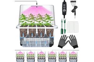 VEEKAY 6 Pièces Auto-arrosant Mini Serre pour Plantes kit,Kit de Culture Serre avec LED luminosité réglable,avec Coussin Absorbant,Température et humidité réglables,avec kit D'outils De Plantation