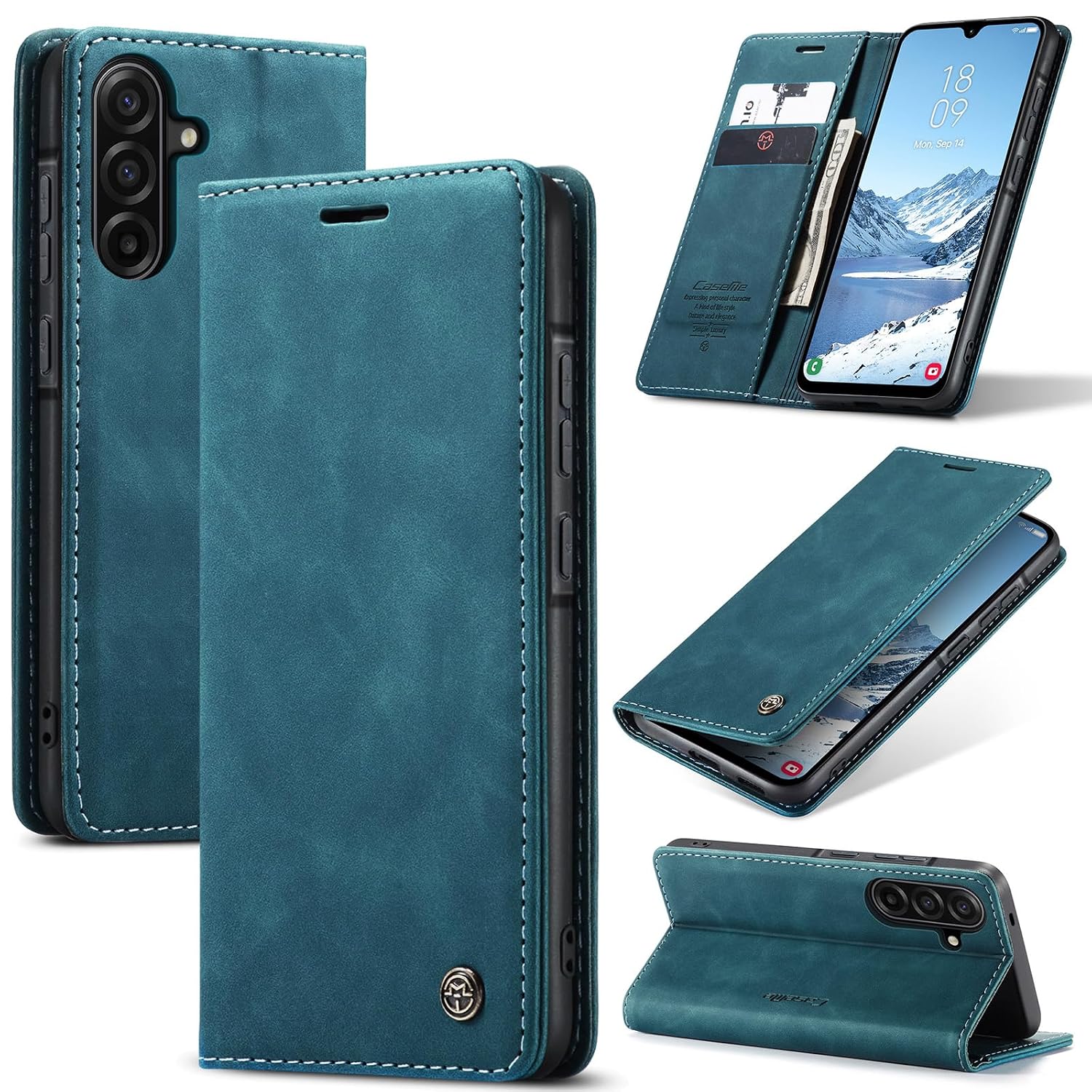Azororo Beschermhoes voor Samsung Galaxy A57 5G, premium lederen beschermhoes, portefeuille, flip case, magneetsluiting, beschermhoes voor Samsung Galaxy A57, blauwgroen