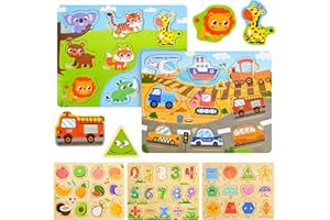 TWIRUSH Wooden Peg Puzzles for Toddlers 2 3 4 Years Kids Montessori Shape Pegboard Animals Dinosaur and Fruits Jigsaw Puzzles Preschool Educational Set Gift Game for Girls and Boys Children (5 Pack)