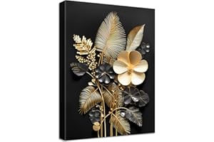 HALFLEMART Marco de Madera Cuadros Moderno Flores 3D Oro Negro Cuadros Decorativos Lienzo Pintura Ramos Tropicales de Hojas de Coco Imagen Cuadro Decoracion Salon Baño Dormitorio Sala de Estudio 30x40cm