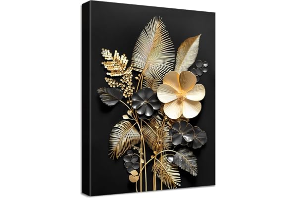 Cadre en Bois Impression sur Toile Fleurs 3D Or Noir Tableau Image sur Toile Affiche Bouquets Tropicaux de Feuilles de Cocotier Tableau Decoration Murale Salon Chambre Coucher Salle de Bains 40x60cm