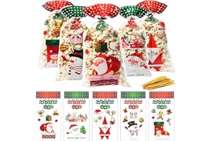 ZHOUHON 100 Stück Plätzchentüten Weihnachten,Kekstüten Weihnachten Transparent,CellophantüTen Weihnachten Und 120 StüCk Goldband,Weihnachtstüten zum Befüllen,Kleine für Süßigkeiten (Weihnachten-2)
